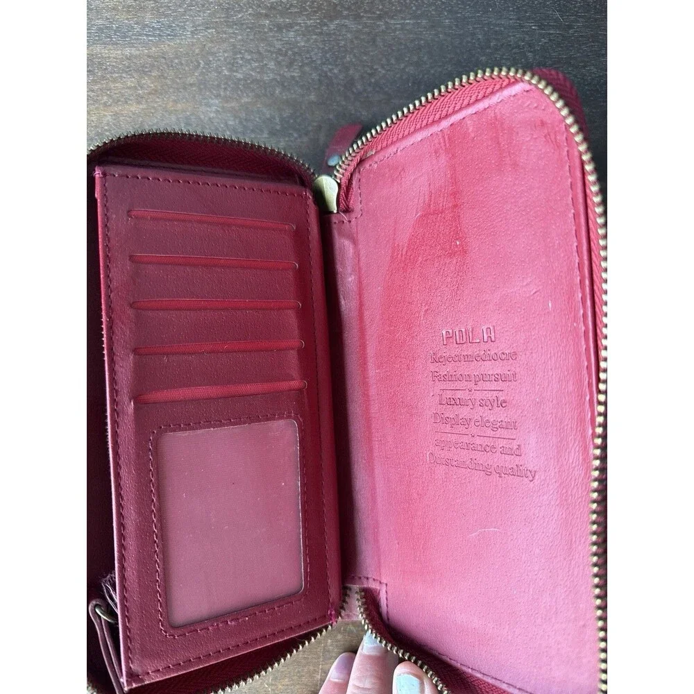 Pola - PU Red Leather Long Clutch Trifold Wallet Credit Card ID Purse Wristlet